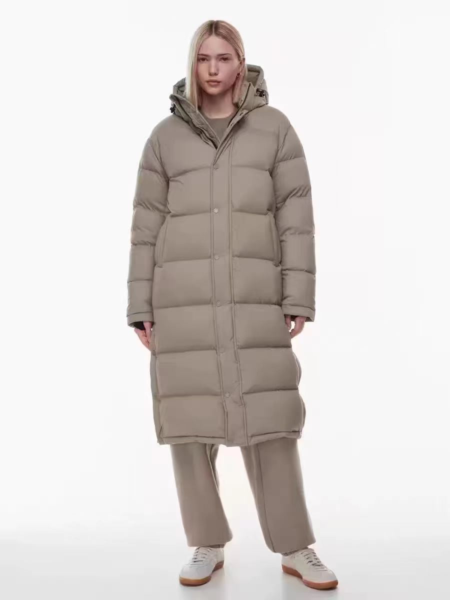 Gray long hooded puffer coat with zip front and quilted baffles