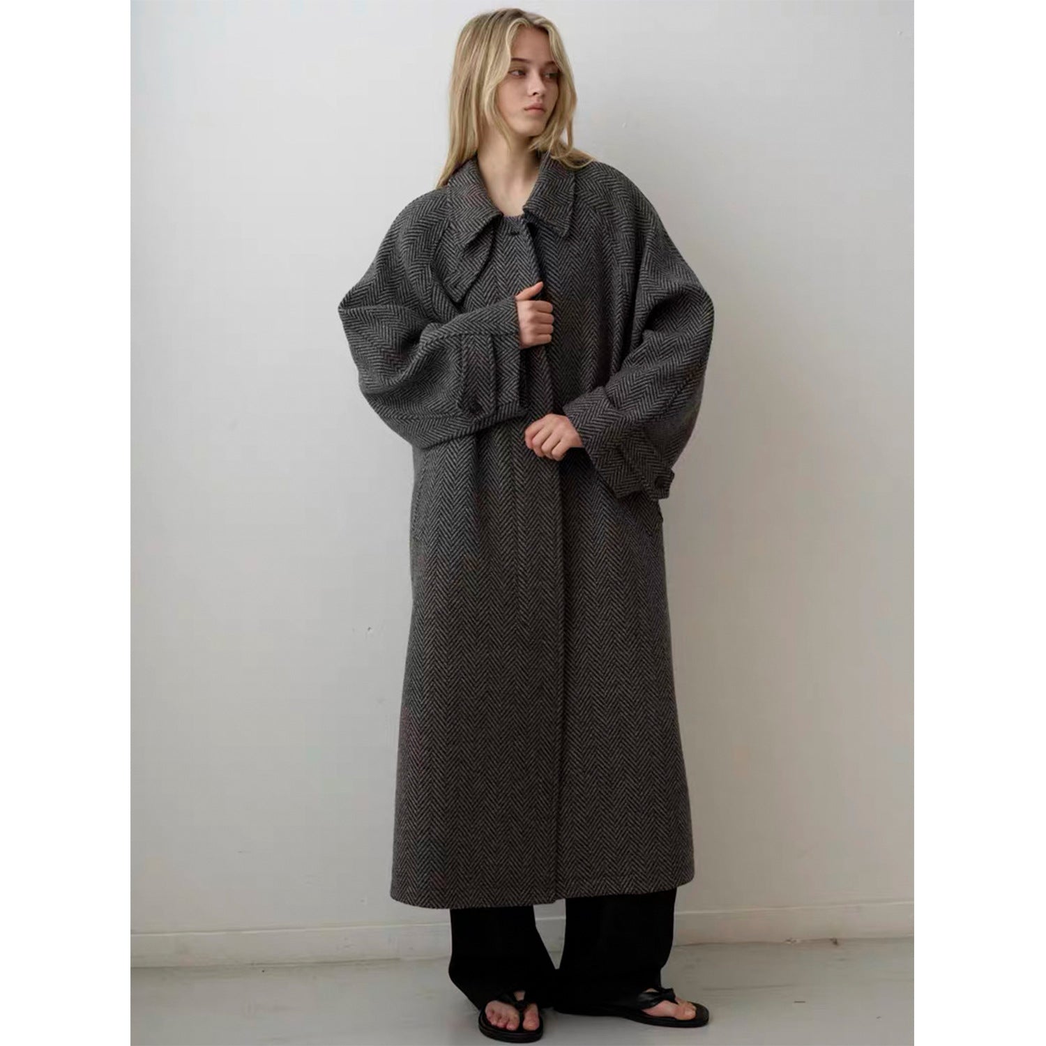 Herringbone Wool Coat for Women — Oversized Long Maxi Overcoat with Dropped Shoulders