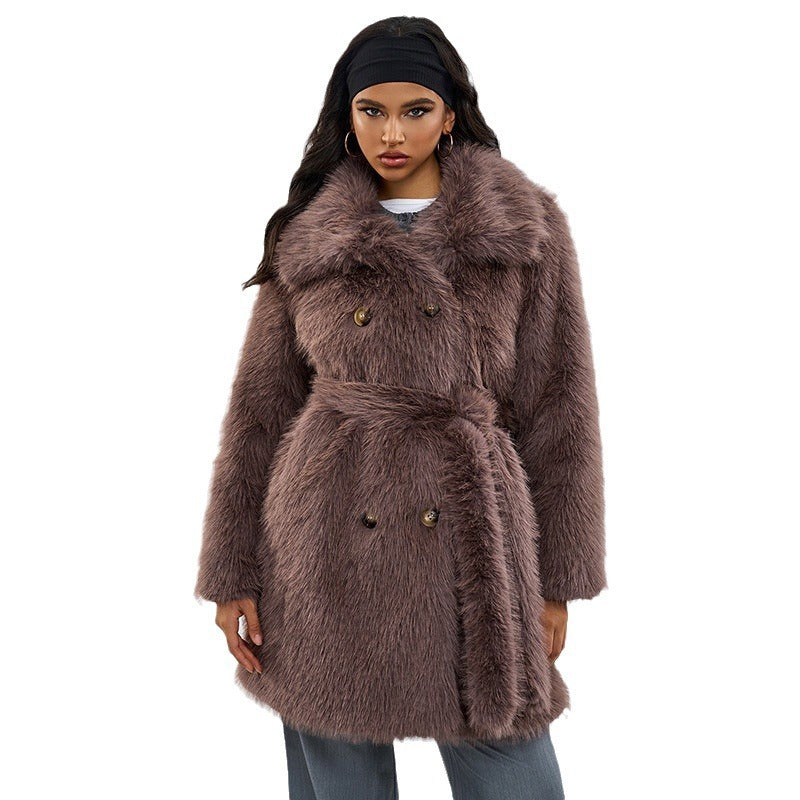 Long faux fur coat with belt, taupe-brown, double-breasted gold buttons
