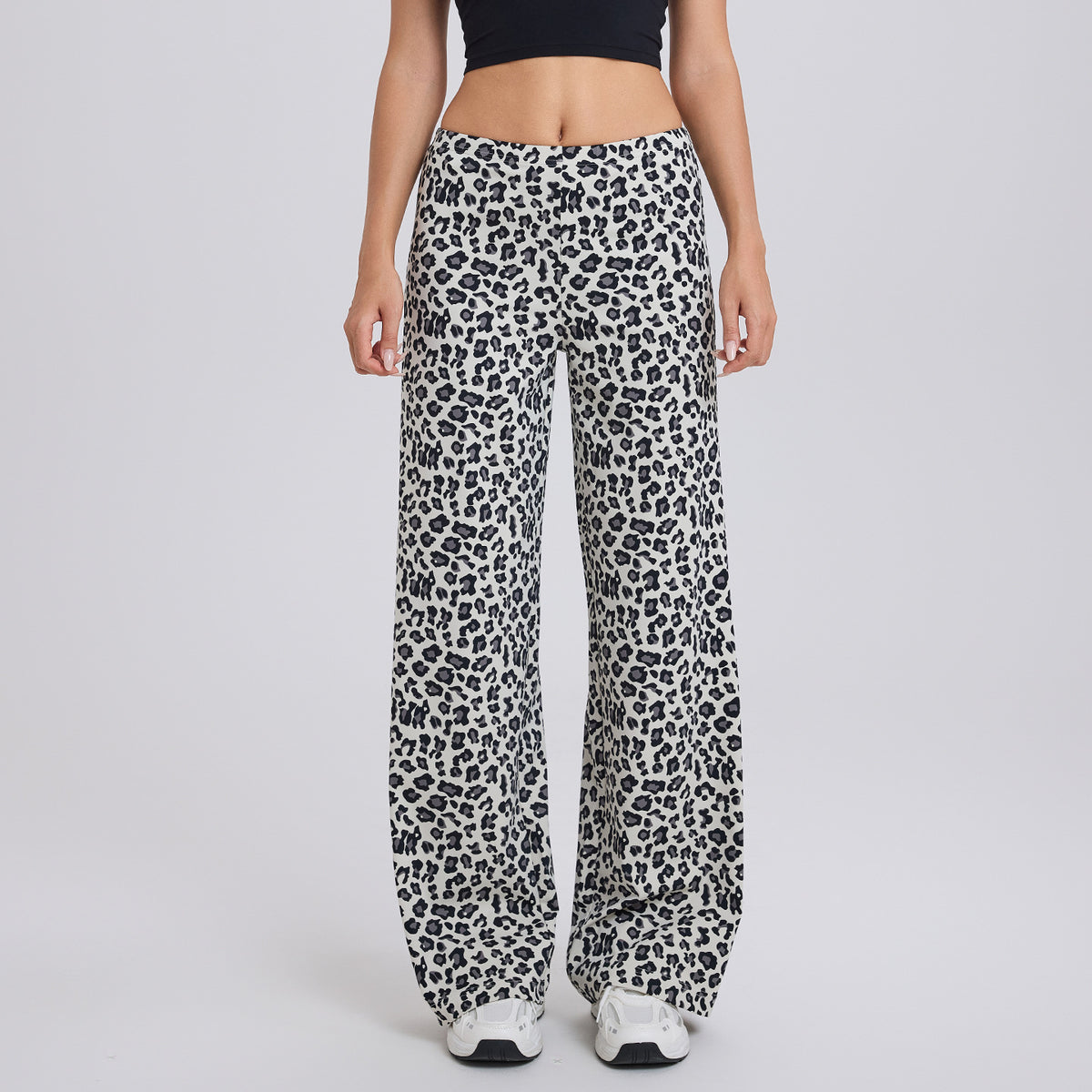 Black-and-white leopard print relaxed straight-leg pants with high-rise elastic waist