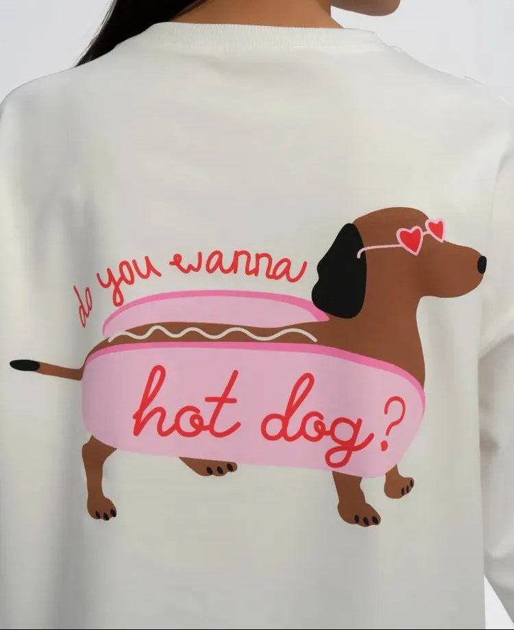 Long Sleeve T-Shirt for Women — Oversized Dachshund Back Print in Pure Cotton