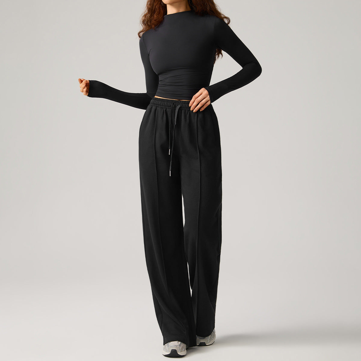 Women’s black high-neck long-sleeve top and wide-leg sweatpants set, drawstring