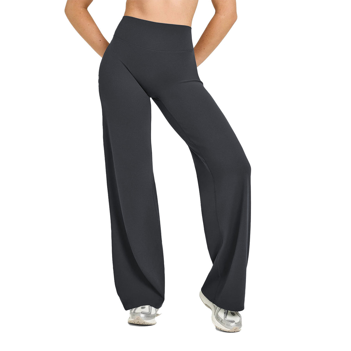 High-waisted straight-leg yoga pants in dark charcoal black, smooth slimming fit