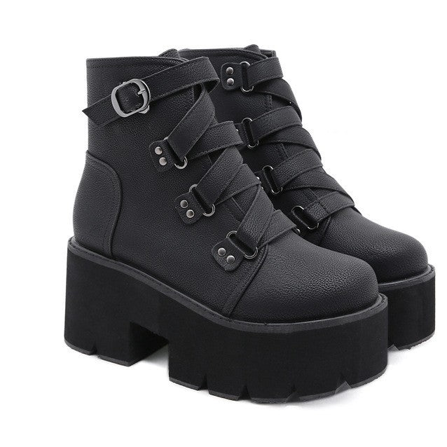 Chunky Platform Ankle Boots for Women — Buckle Straps and Lug Sole in Faux Leather