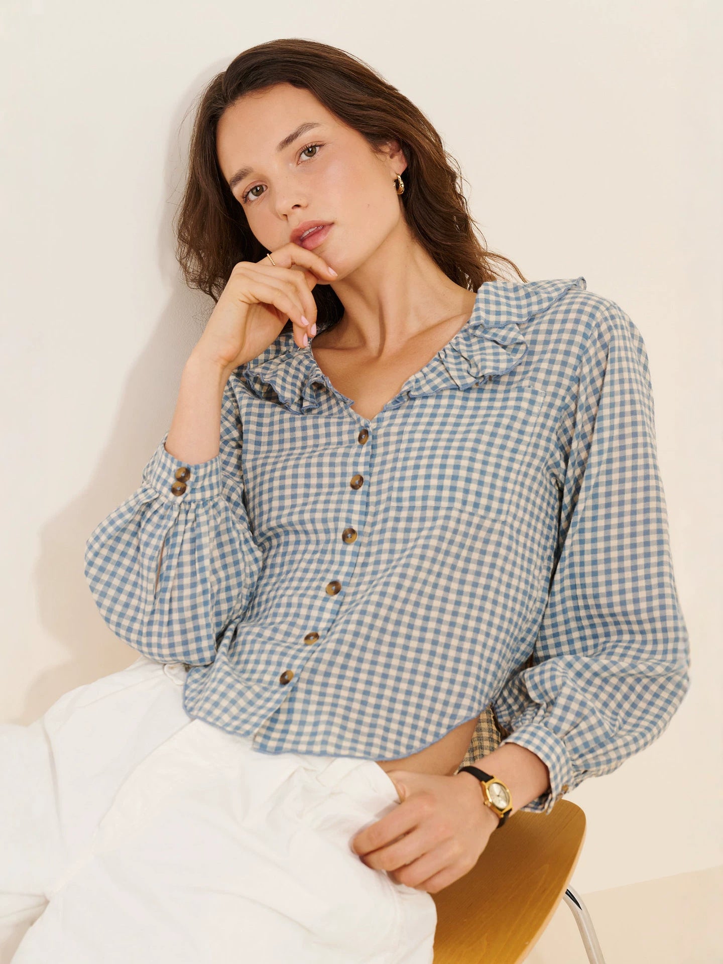 Ruffle Collar Blouse — Gingham Check with Puff Sleeves and Button Front in Cotton