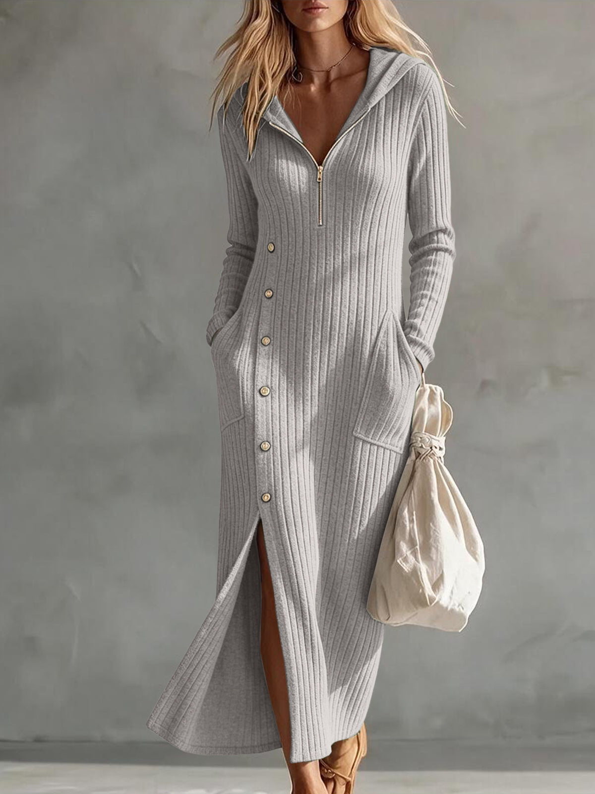 Hooded Knit Maxi Dress — Half Zip Button Front with Side Slit in Ribbed Knit