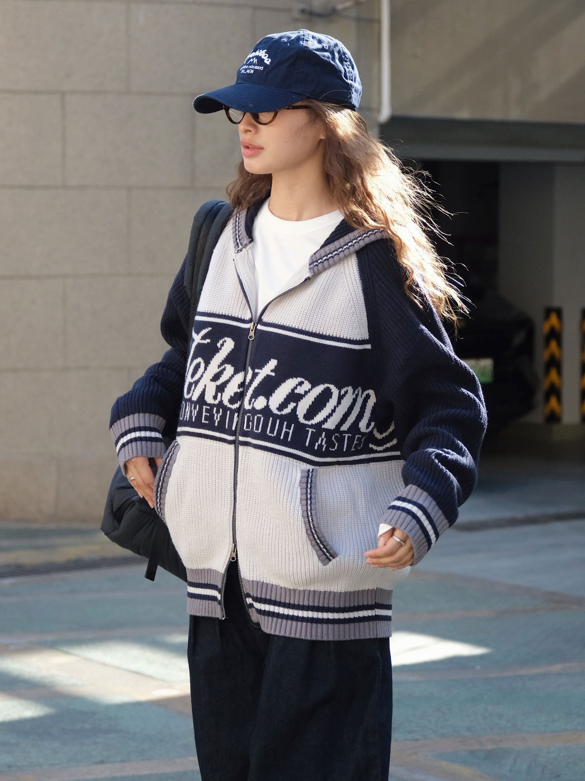 Women’s hooded sweater, navy and white color-block with front zip and letter print