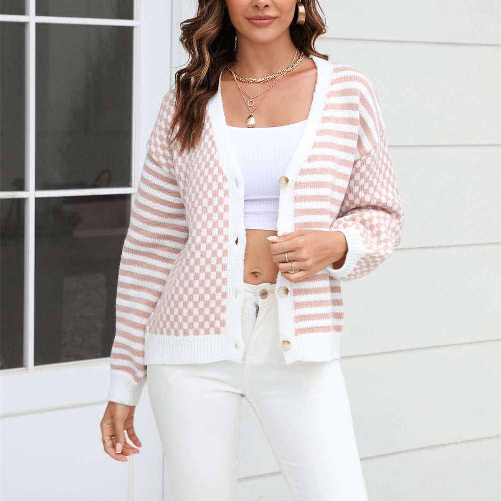 Women’s pink-and-white striped and checker knit cardigan with button front and pockets