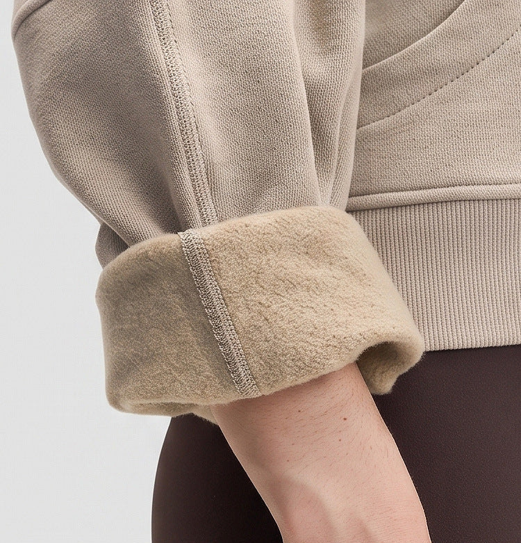 Fleece-lined half-zip sports jacket sleeve, khaki with ribbed cuff