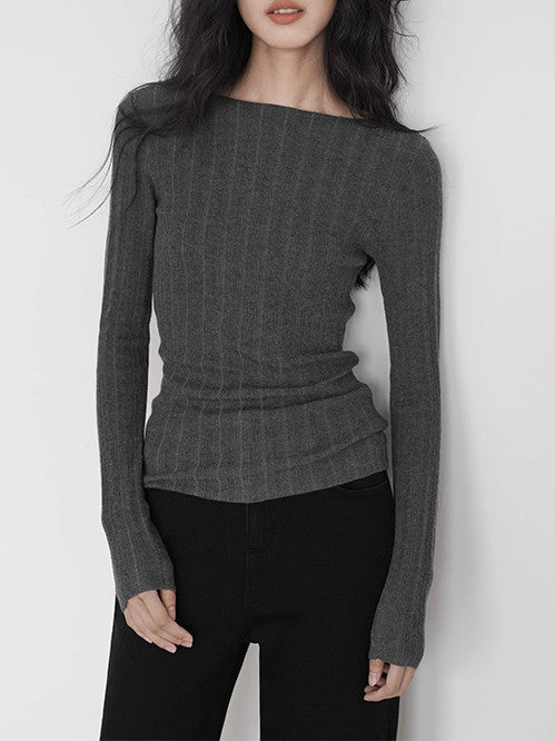 Women's dark gray ribbed knit long-sleeve slim top with crew neck