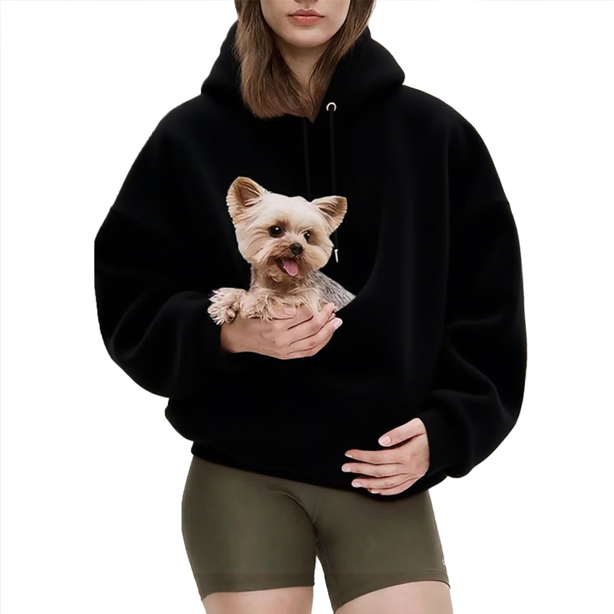 Black hooded plush sweatshirt with front pouch pocket and dog, relaxed drape