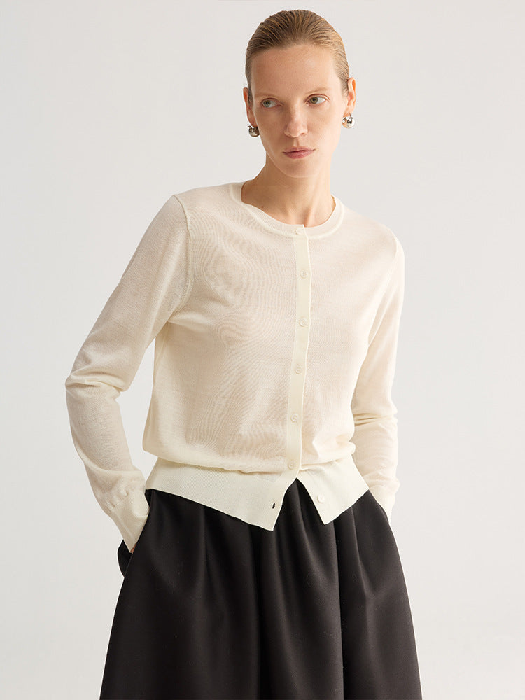 Women’s round-neck wool cardigan, off-white, button-front knit with long sleeves