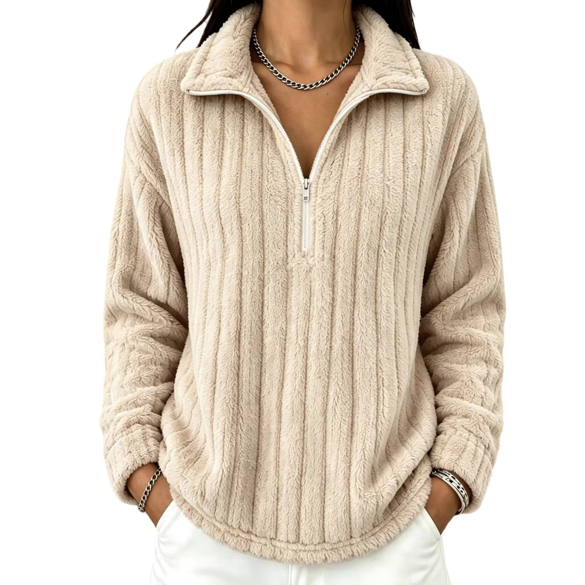 Women’s ribbed plush zip-up pullover sweatshirt in light apricot, long sleeves