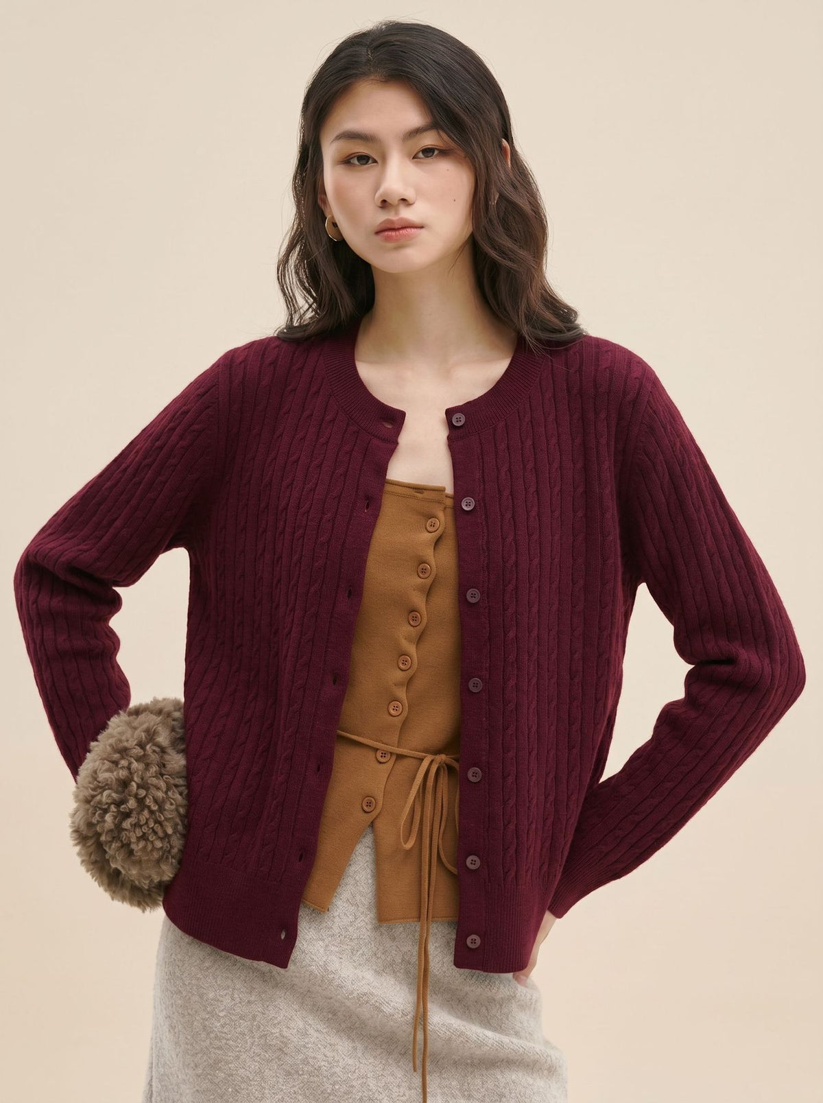 Fine Gauge Cable Knit Cardigan for Women — Slim Crew Neck Button Up in Soft Wool