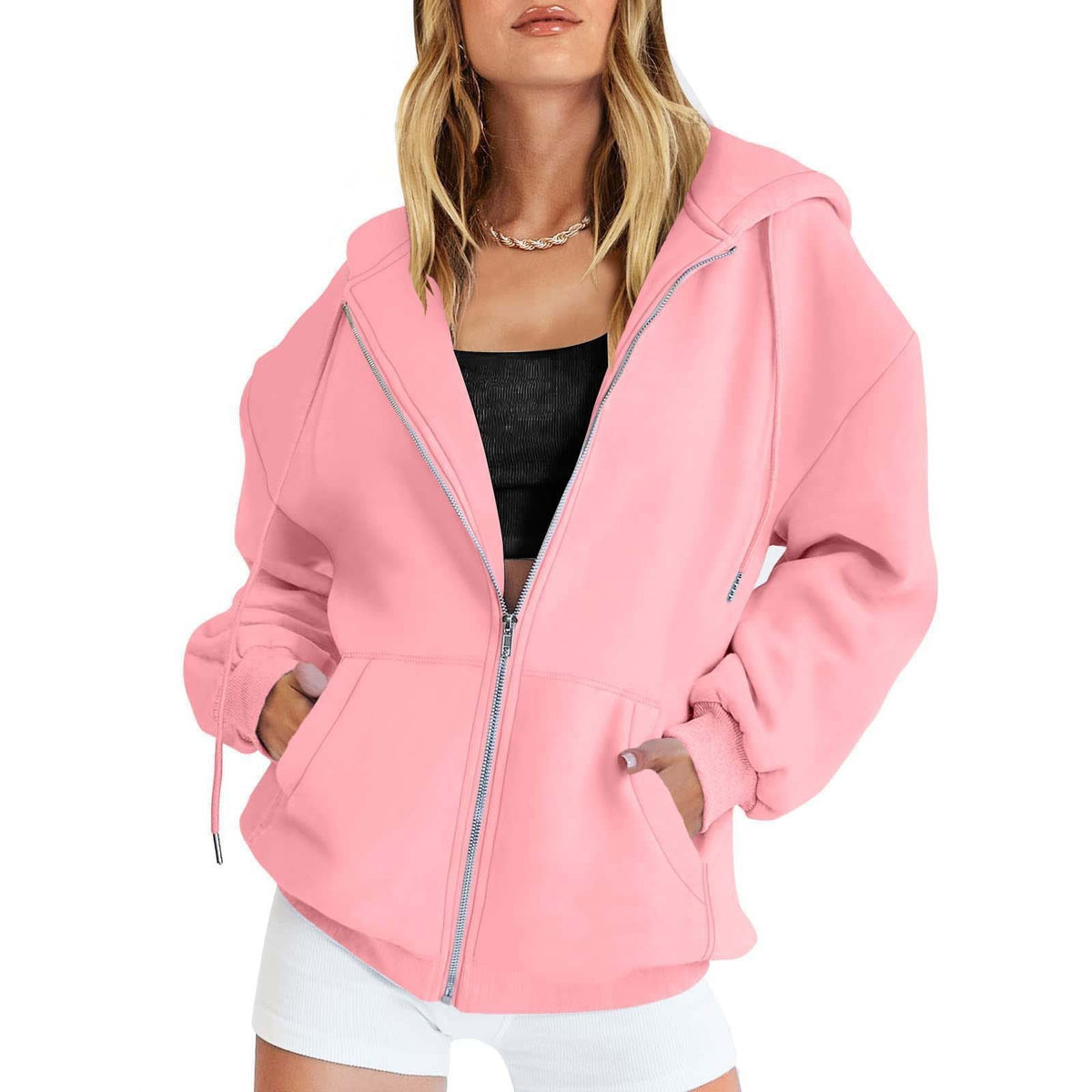 Pink zip-up hoodie jacket with hood, drawstring, and front pockets.