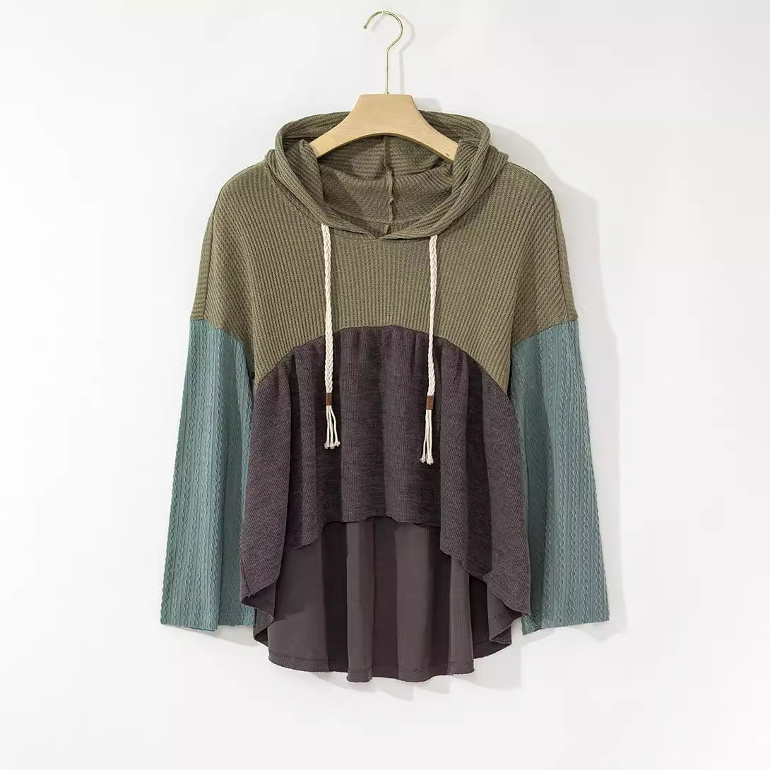 Women’s hooded long-sleeve color-block tunic top on hanger, drawstring hood, olive, teal, dark