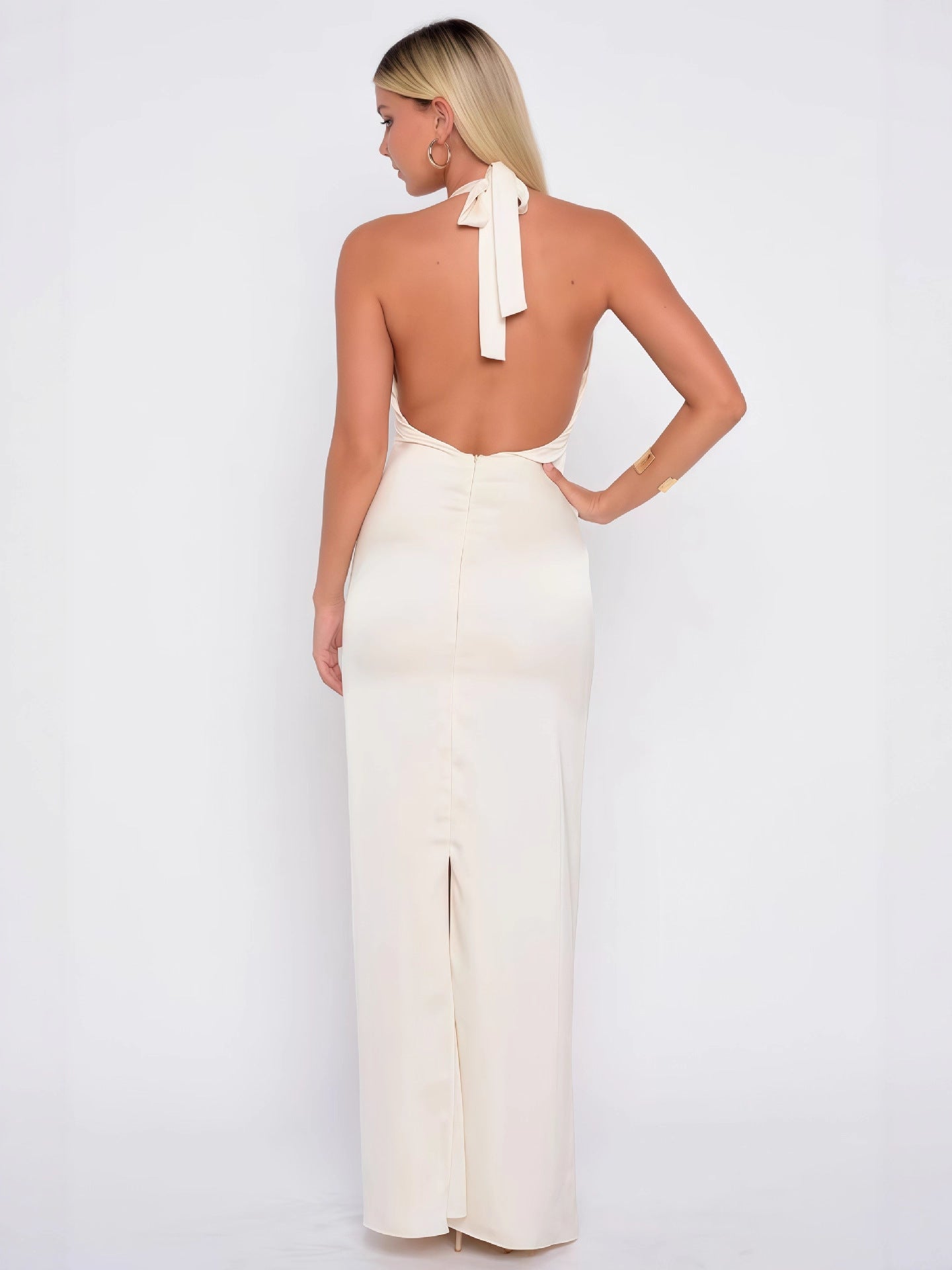 Satin Maxi Dress with Halter Neck — Backless Evening Gown with a Thigh High Back Slit