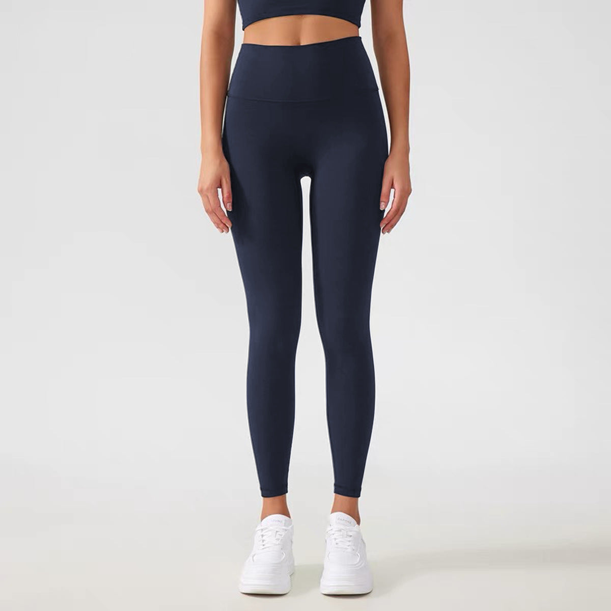 Women's navy high-waist tummy control running leggings, full-length skinny fit