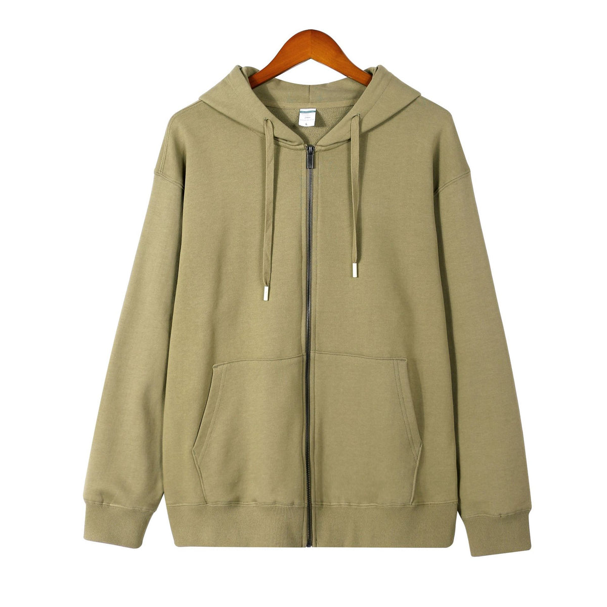 Women’s cashmere zip-up hoodie in olive green, brushed knit with hood and front pockets