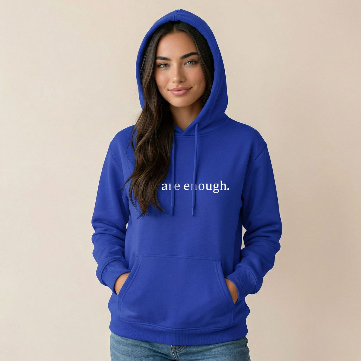 Women's fleece-lined hoodie in royal blue with hood, kangaroo pocket, 'are enough' print