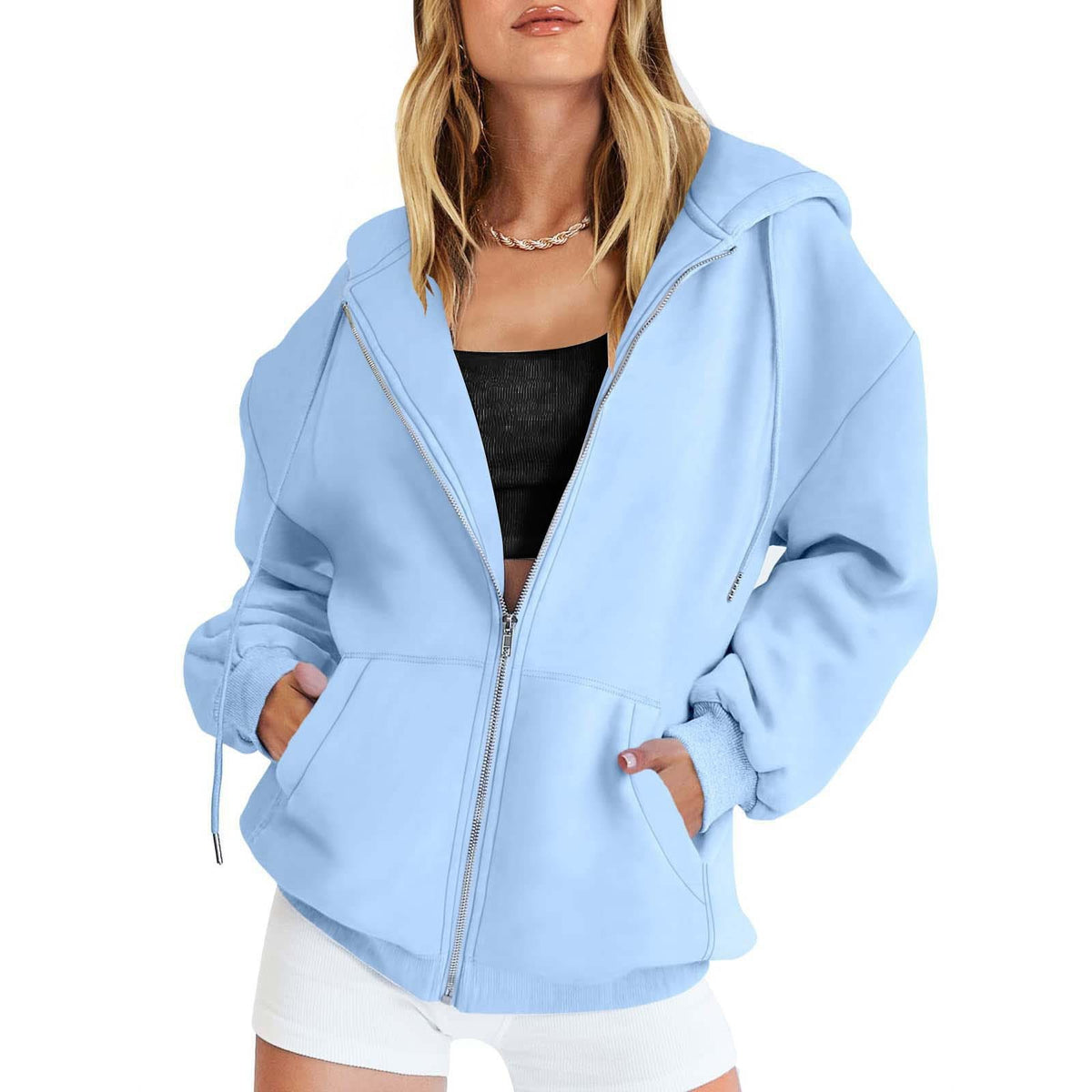 Light blue zip-up hoodie jacket with hood, drawstring, and front pockets.