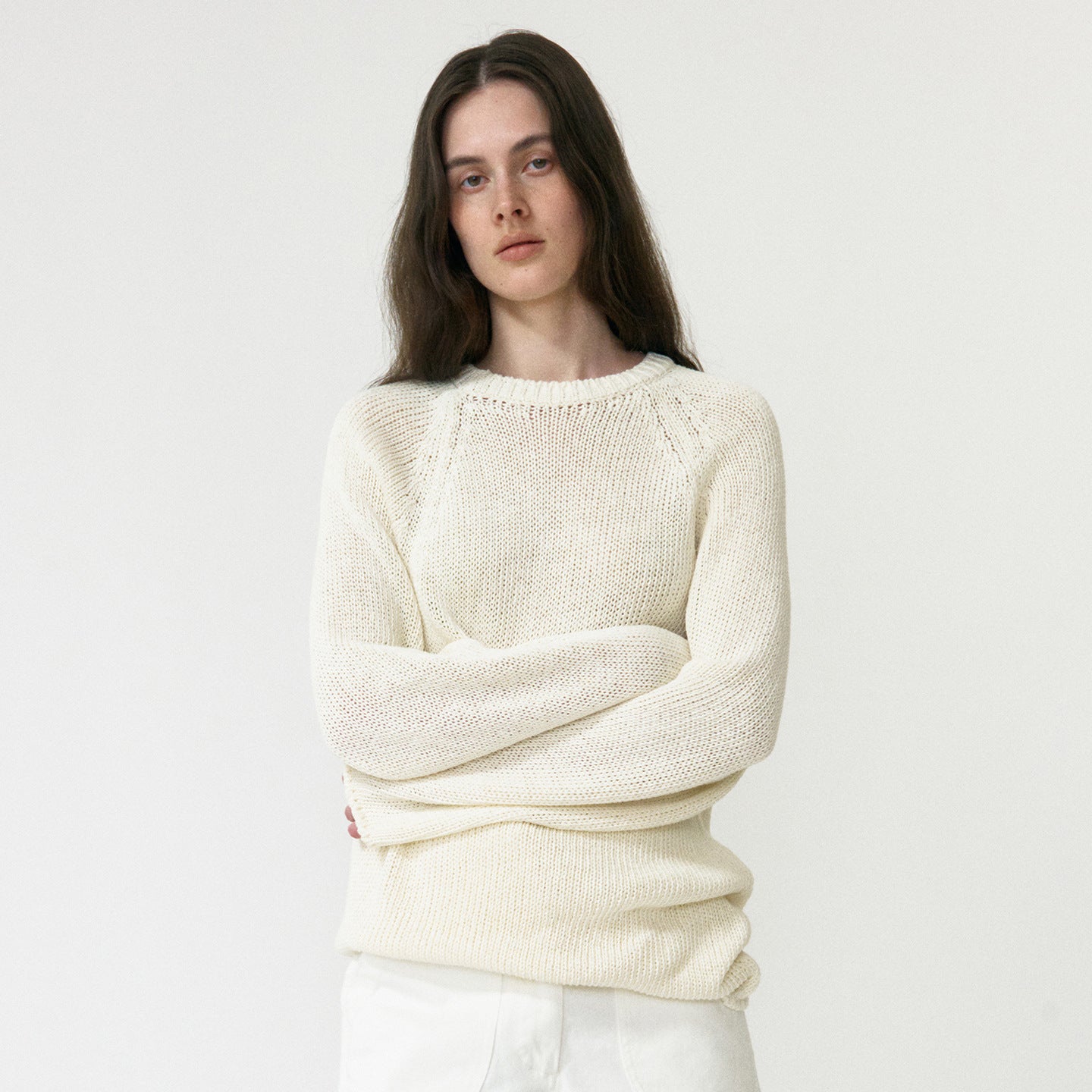 Loose Knit Sweater for Women — Oversized Raglan Crew Neck Pullover in Cotton