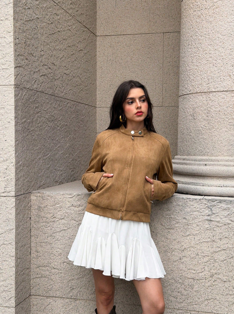 Khaki cropped faux suede zip-up bomber jacket with stand collar and long sleeves