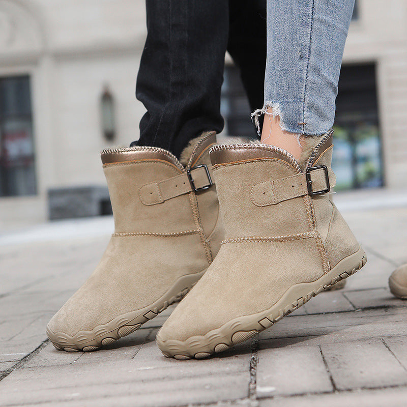 Women’s winter cotton snow boots, tan suede with faux fur trim and side buckle