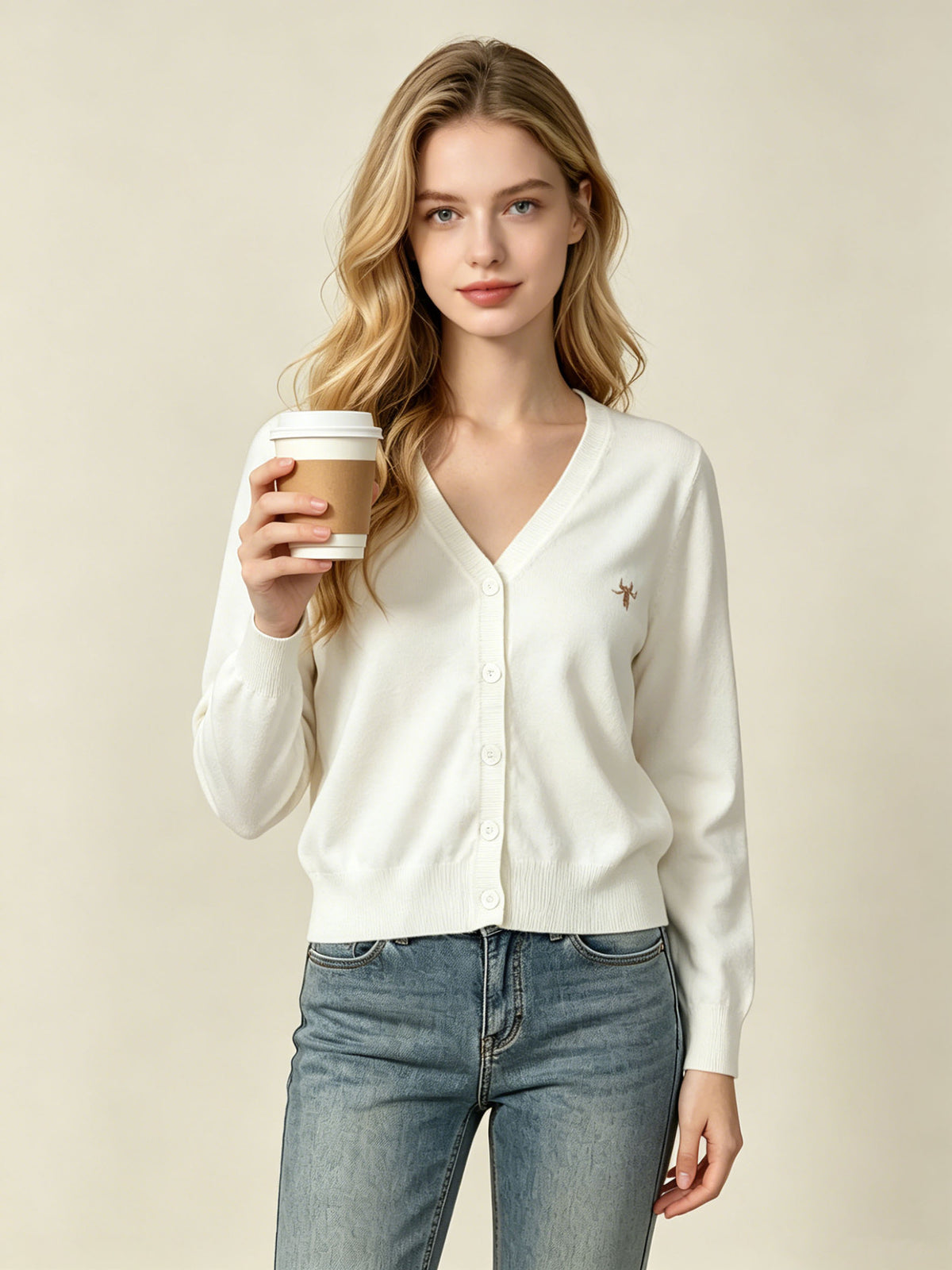 White knit V-neck button cardigan with small chest star embroidery
