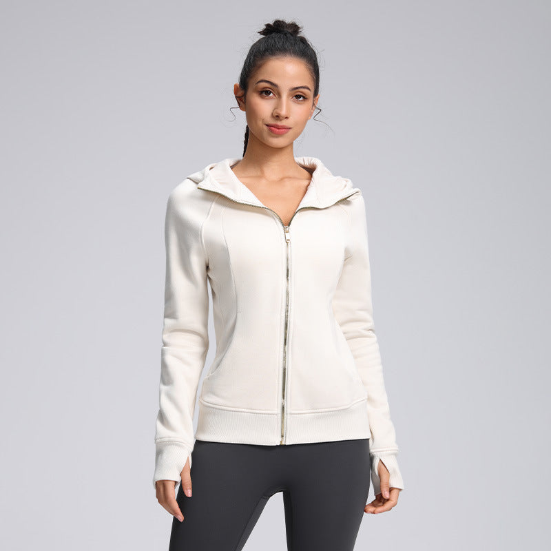 White zip-up hooded sweatshirt jacket with full-length zipper
