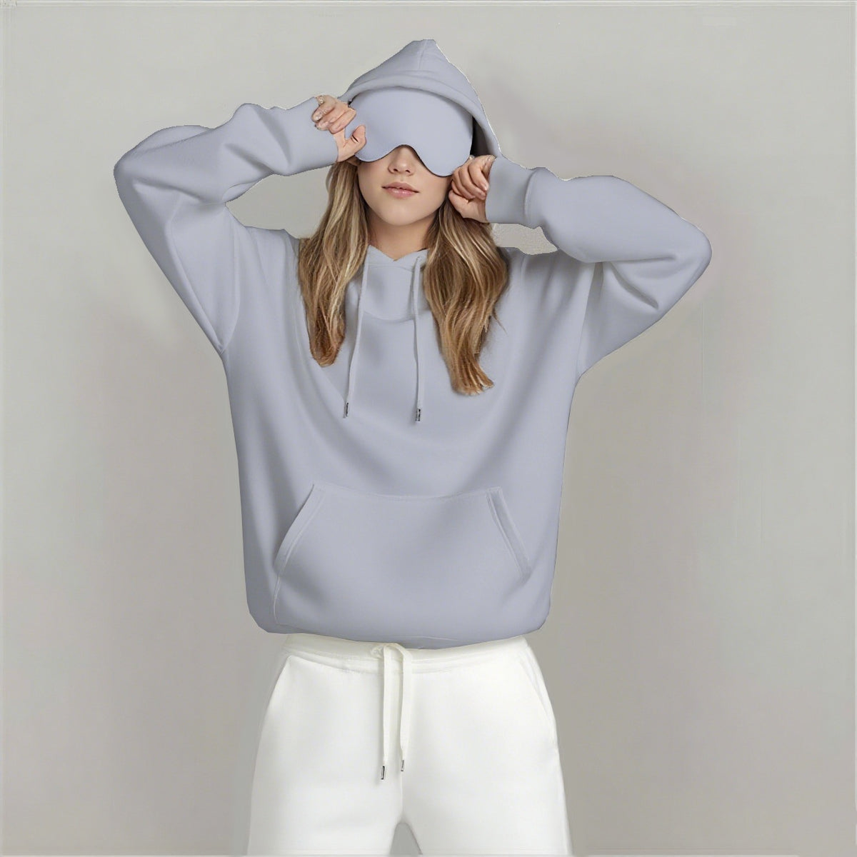 Oversized pullover hoodie with hood and front pocket, light gray
