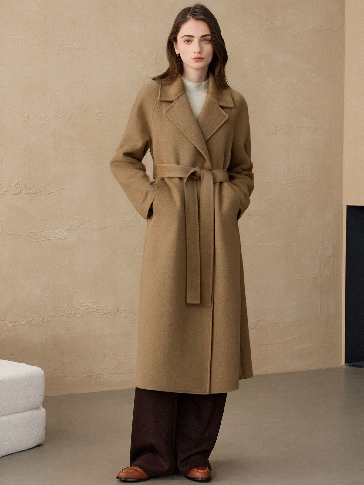 Long Wool Coat for Women — Double Faced Belted Wrap Style with Notch Lapel