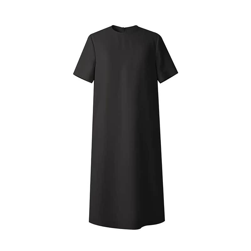Short Sleeve Midi Dress with a Side Slit — Crew Neck Shift Style in Crepe