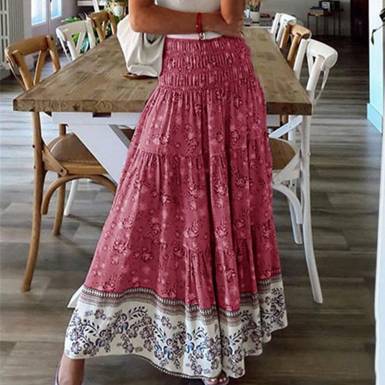 Red floral maxi skirt with tiered ruffle hem and gathered waistband