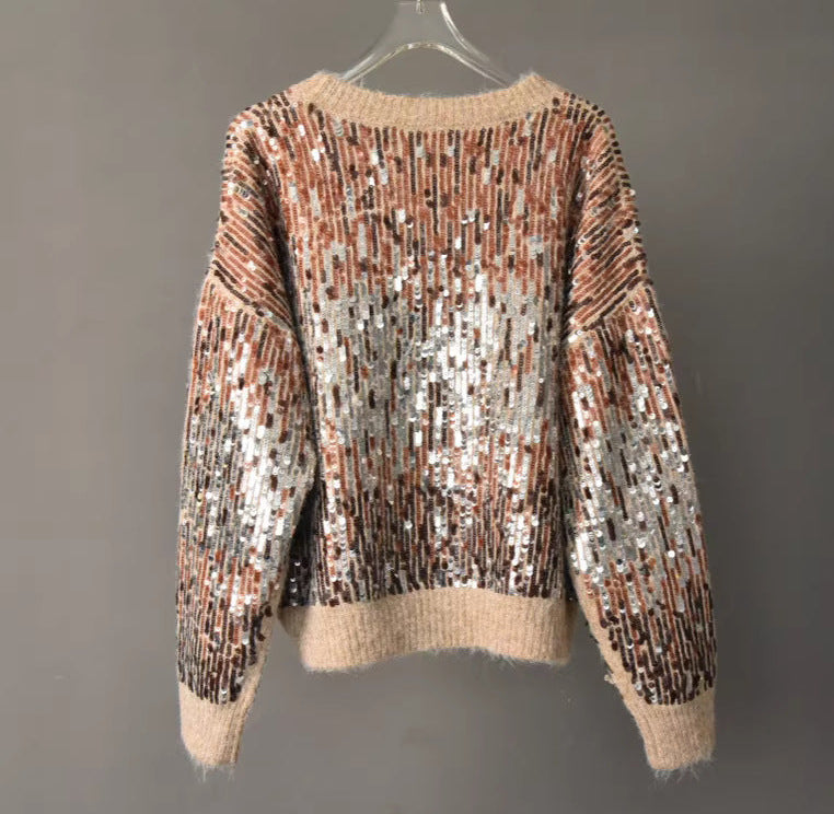 Sequin Sweater for Women — Sparkly Round Neck Knit Pullover in Soft Mohair