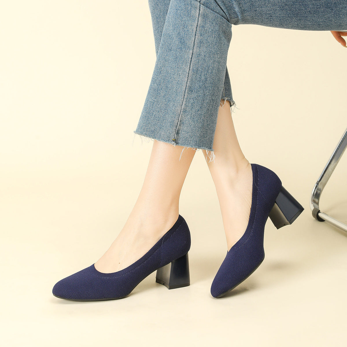 Navy knit pointed-toe shallow pumps with chunky block heel