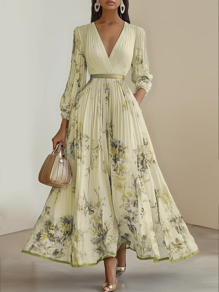 Floral chiffon maxi dress, pale green with floral print, deep V-neck, long pleated sleeves