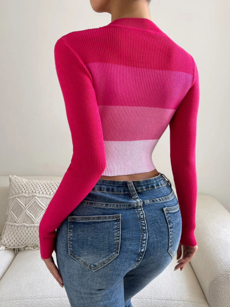 Long Sleeve Crop Top for Women — Mock Neck Color Block Slim Fit in Ribbed Knit