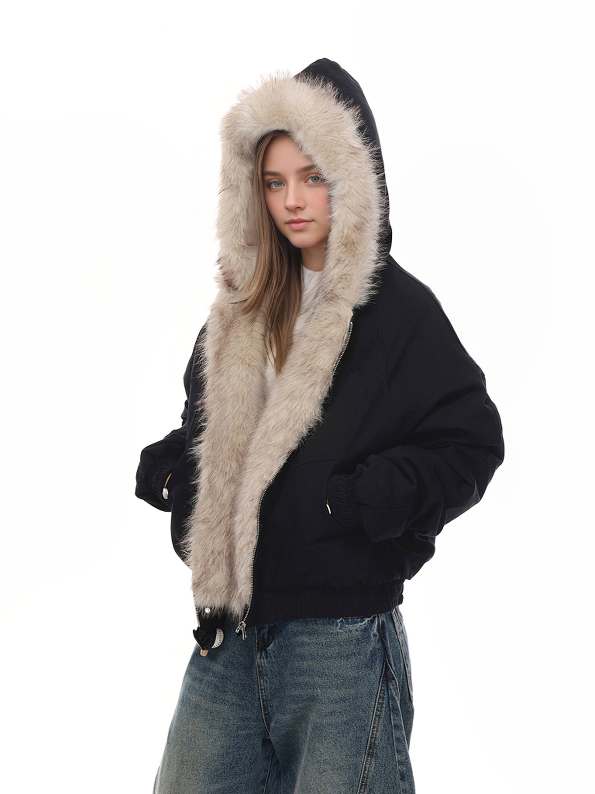 Black winter cotton jacket with thick faux fur hood trim and zip front