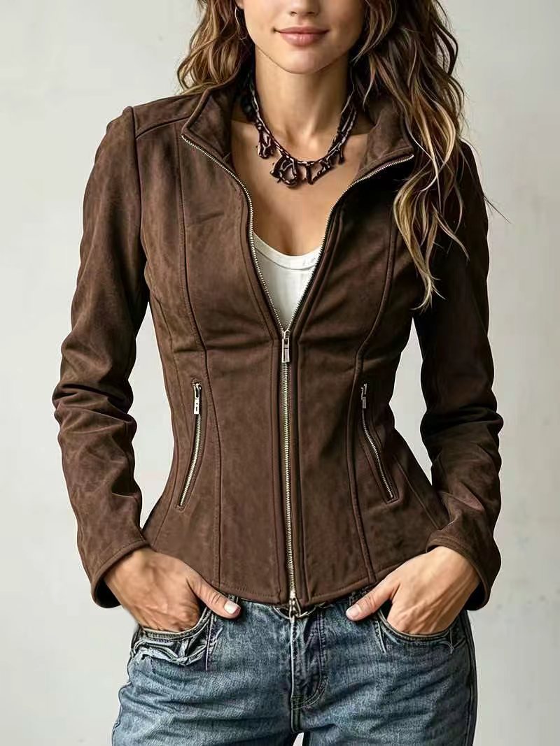 Women's fitted suede-style stand-collar zip jacket with front pockets, brown