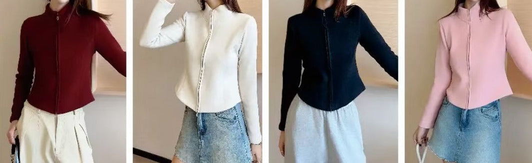 Women’s stand-collar zip knit cardigan, multiple color outfit views