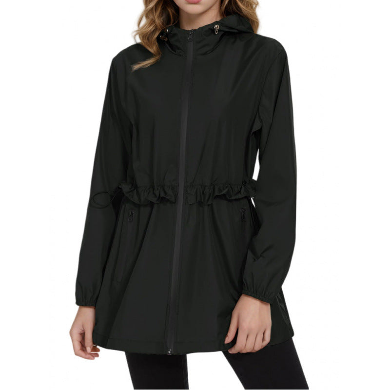 Black lightweight hooded windbreaker jacket with full-zip front, drawstring waist, side pockets