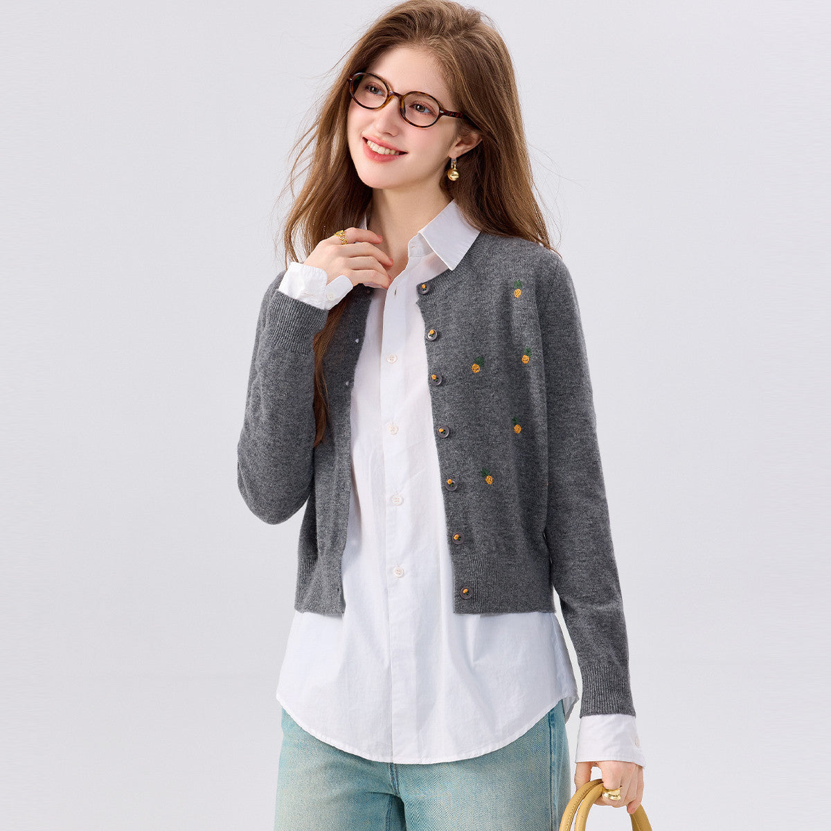Heather gray wool cardigan sweater, round neck, button-front, long sleeves, fruit print