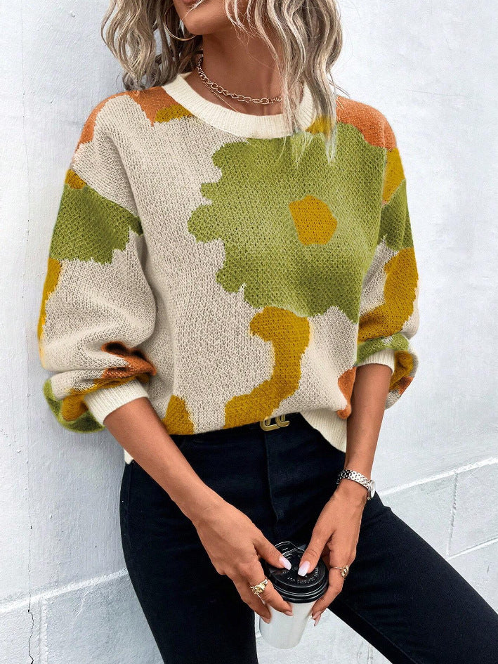 Women’s knitted pullover sweater, round neck, long sleeves, cream with olive green and orange camo