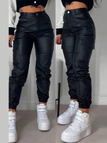Black faux-leather slim-fit biker pants with zipper, pleated patch pockets