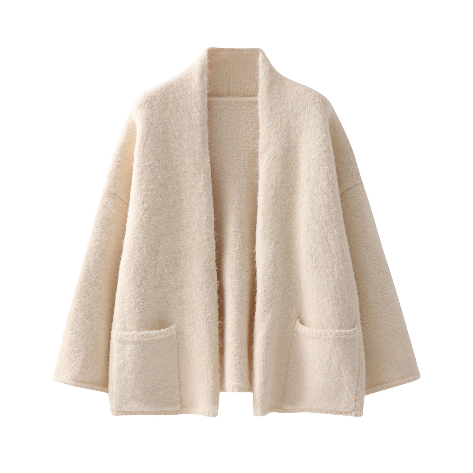 Beige wool cardigan, loose fit, open shawl collar, textured knit, two front patch pockets