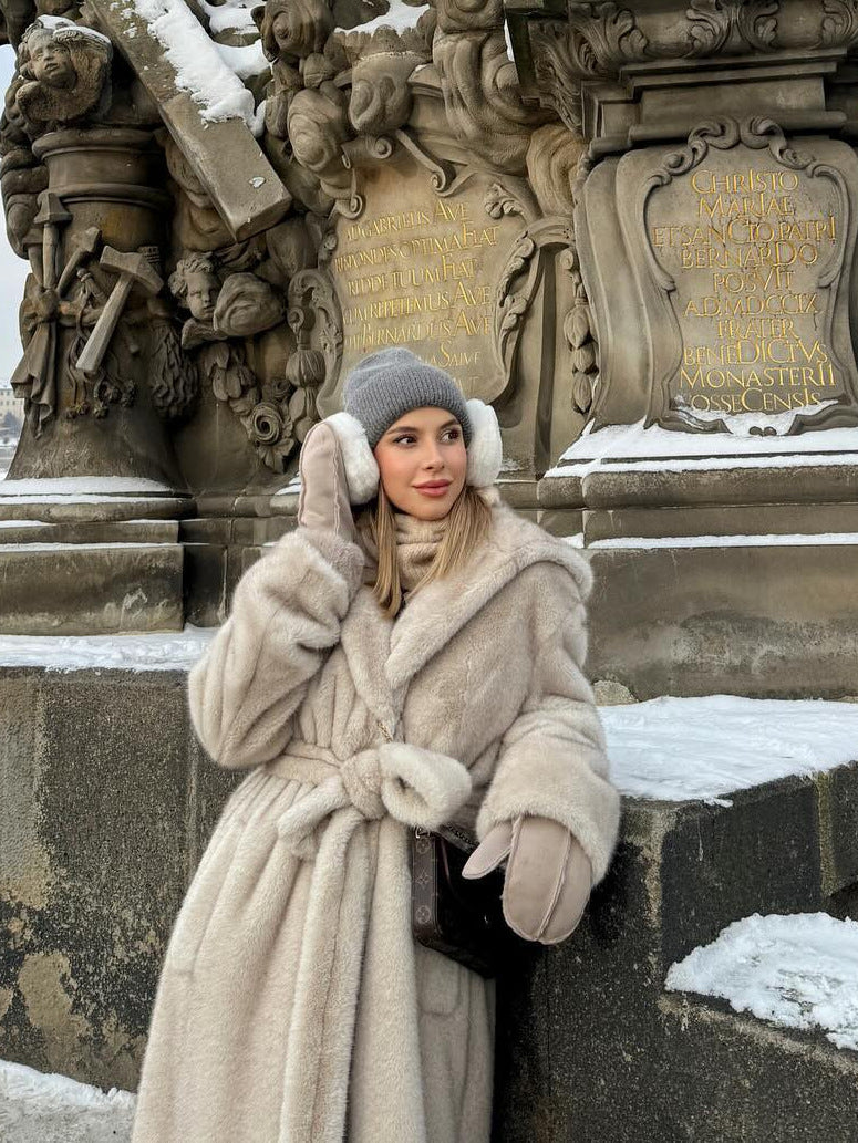 Long hooded faux fur coat with belt tie, beige gray, front view