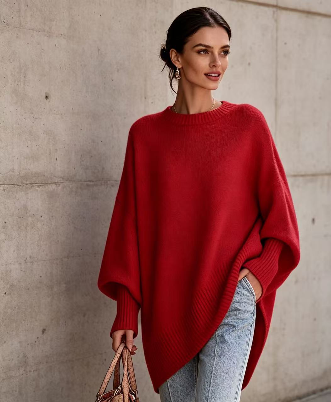Women’s loose knit sweater, red solid color, round neckline, wide sleeves