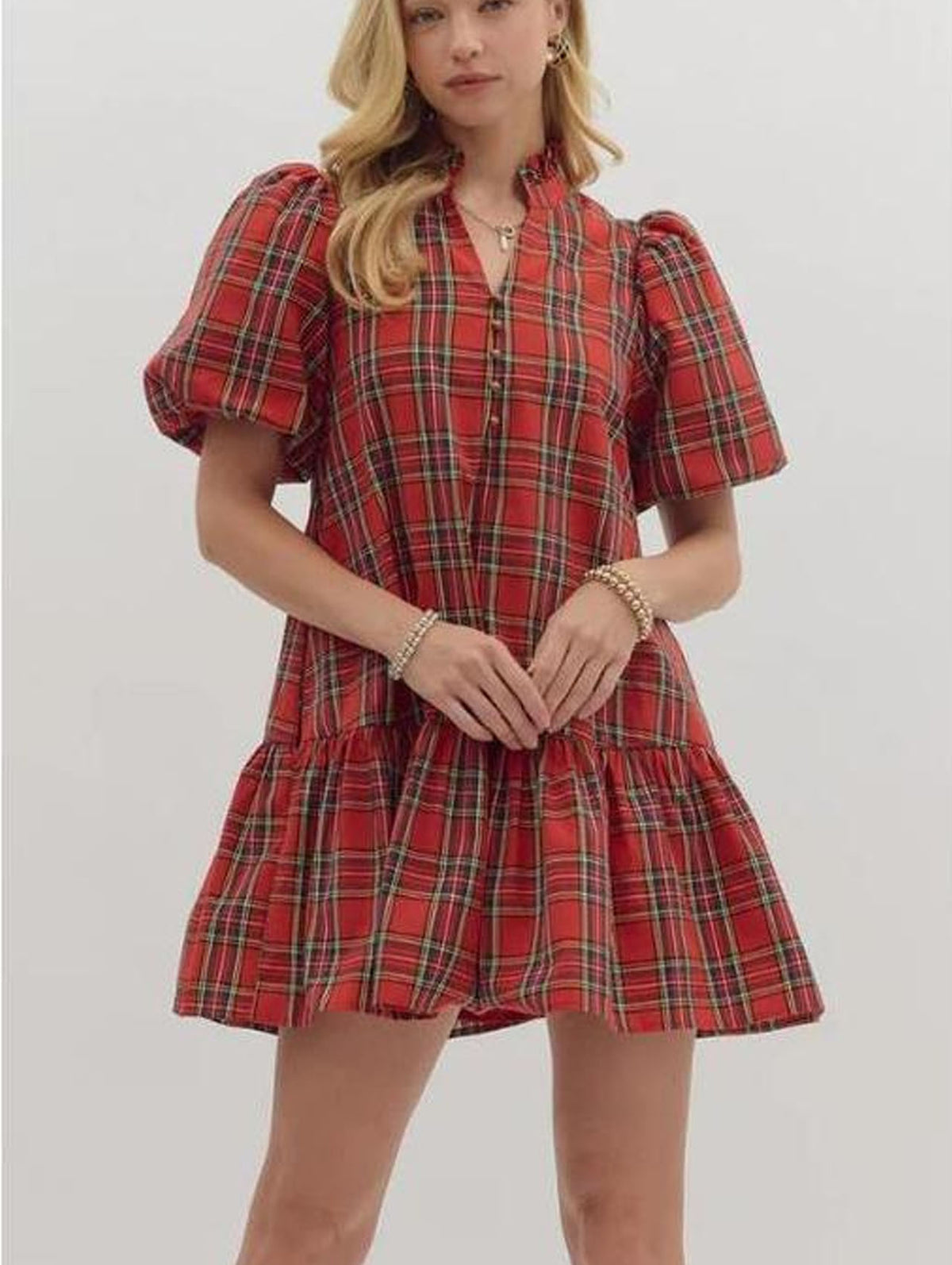 Red plaid short-sleeve A-line dress with button front and gathered waist, tiered skirt