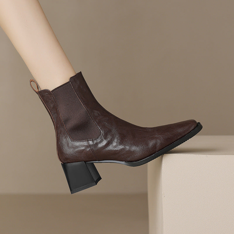 Brown Chelsea ankle boots with elastic gore, square toe, thick block heel